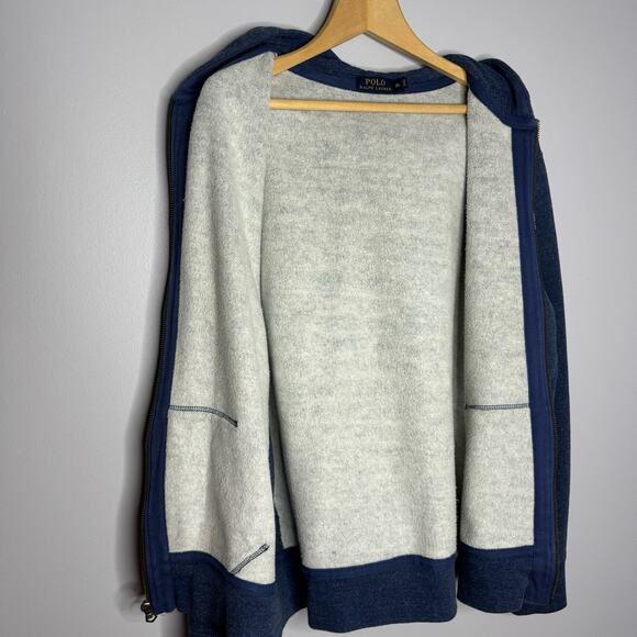 Polo Ralph Laure Cotton-Blend-Fleece Hoodie Blue Full Zip Embroidered Pony XL - Picture 9 of 9